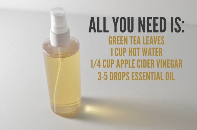 an image of diy skin toner next to the words, "All you need is: green tea leaves, 1 cup hot water, 1/4 cup apple cider vinegar, 3-5 drops essential oil."