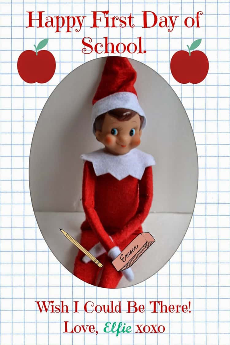 Elf on the shelf postcard for a Happy First Day of School