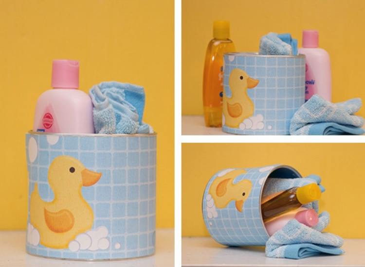 Yellow rubber ducky adorns this upcycled formula canister making it perfect for baby showers.