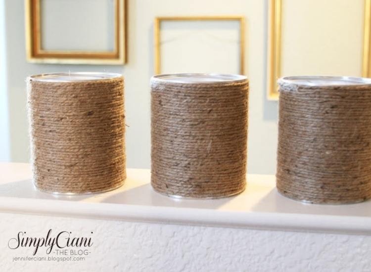 Upcycle formula canisters with twine for farmhouse style.