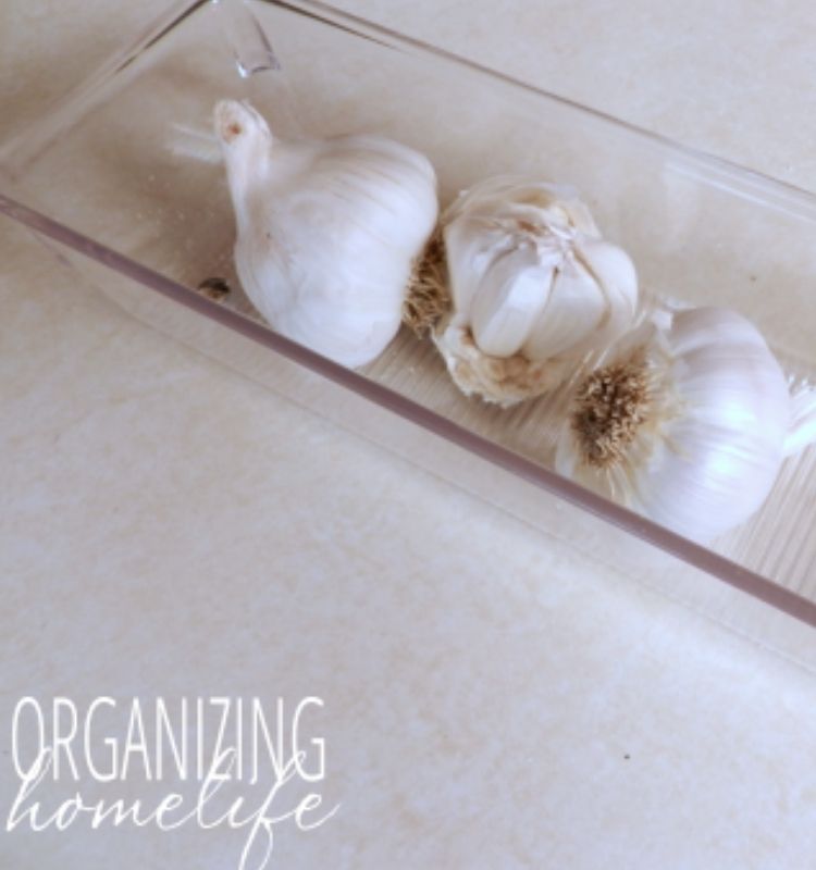 three heads of garlic in a plastic bin