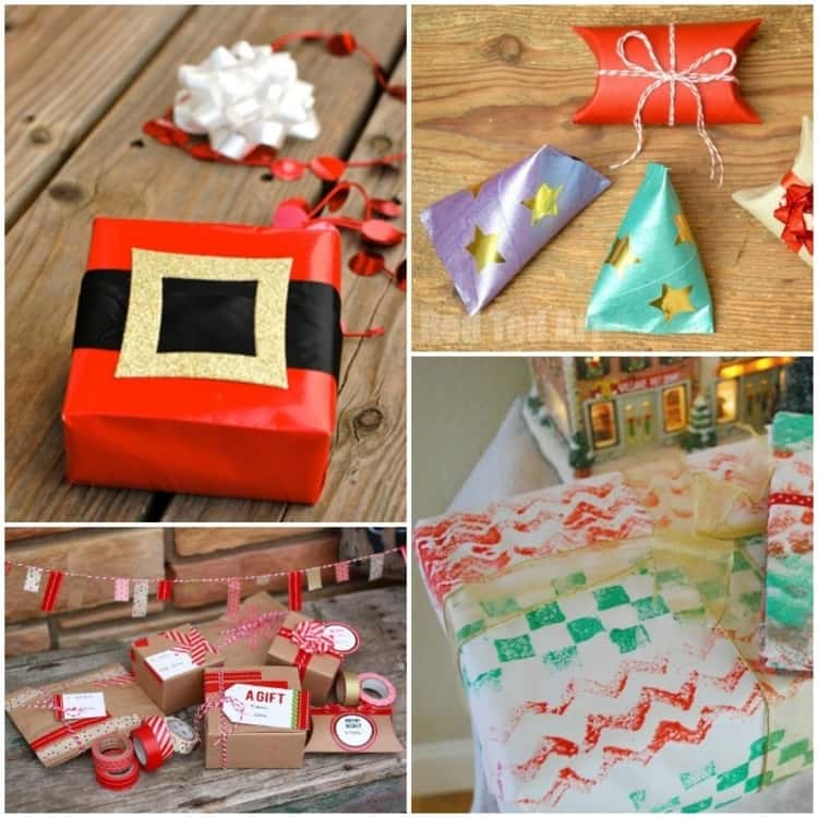 photo collage of gift wrapping ideas - Toilet paper rolls that have been converted into pillow boxes, a cute Santa belt, gifts wrapped in brown postal paper, and craft paper decorated to make unique DIY wrapping paper. 