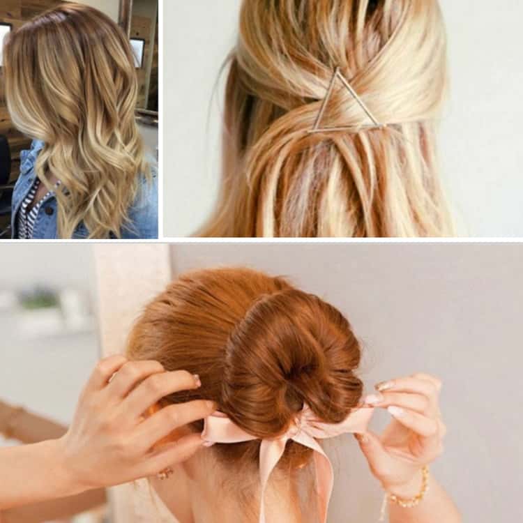 A collage picture showing the different ways you could accessorize your hair- free curled hair, hair accessorized by a Geo inspired clip and hair accessorized by a ribbon.