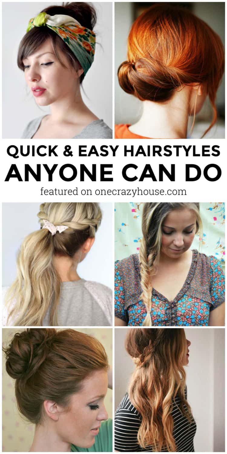 A collage picture showing the different easy hairstyles- headwrap hairstyle, rendition of Edwardian hairstyle, twisted ponytail hairstyle, fishtail look-alike braid hairstyle, top knot bun hairstyle and half up crown braids hairstyle.