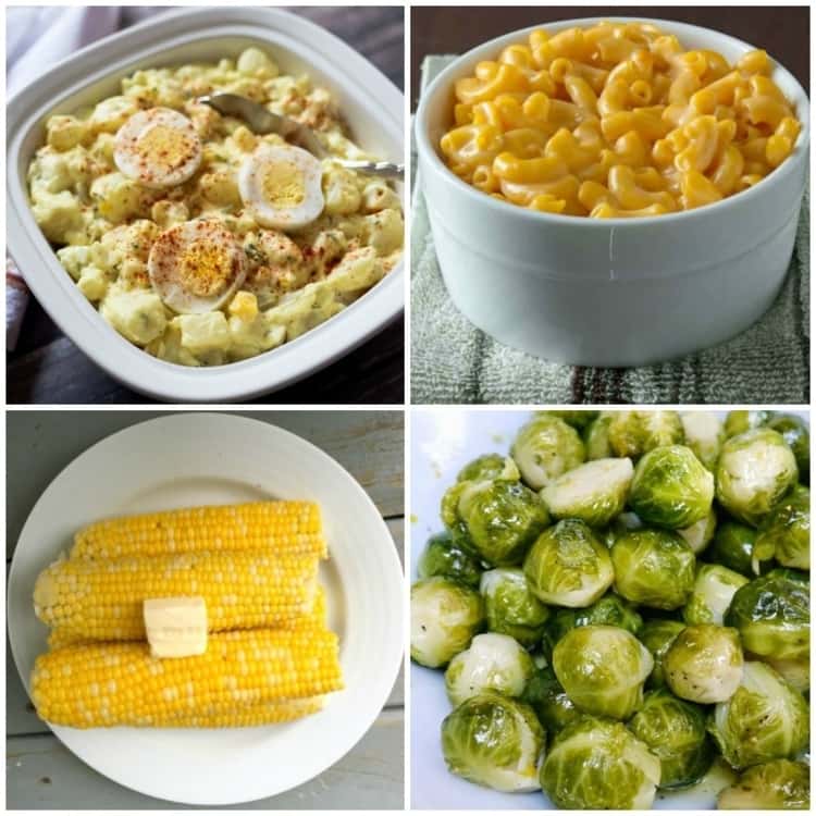 instant pot side dishes collage of potato salad, mac n cheese, corn on cob, brussel sprouts