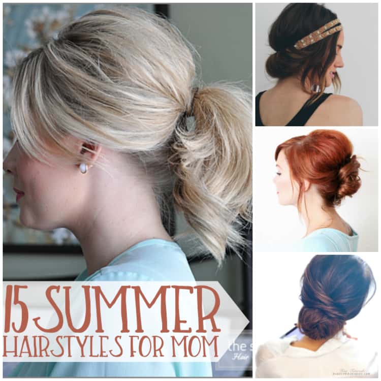 A collage of photos showing different summer hairstyles- shaggy ponytail, tuck hairstyle, lower knot bun and Edwardian inspired hairstyle. 