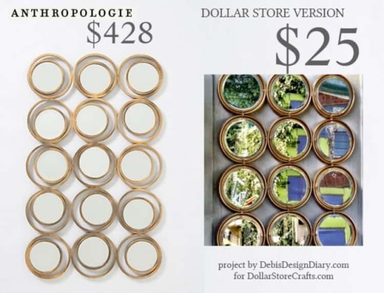 photo showing an Anthropologie store mirror worth $428 and its Dollar Store DIY version worth $25 