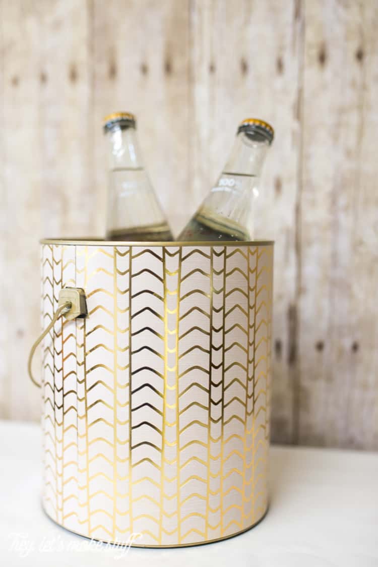 glammed ice bucket made by reusing a paint can sprayed in gold