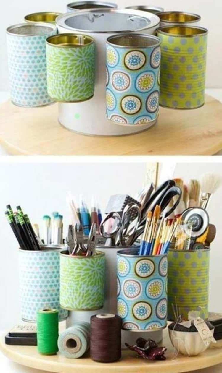DIY craft caddie made by reusing different-sized paint cans 