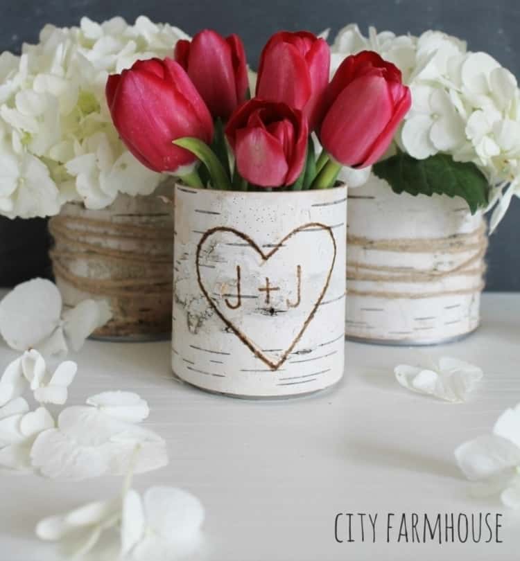 3 rustic birch bark vases made from reused paint cans