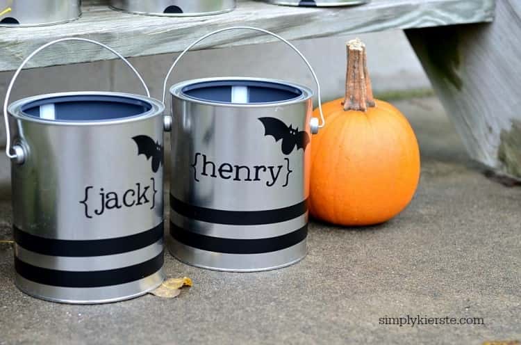 2 trick or treat buckets made from new paint cans and vinyl 
