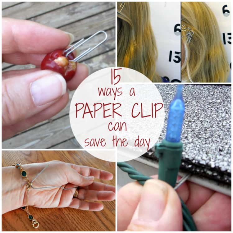 15 ways a paper clip can save the day, collage of bookmark, hair clip, bracelet adjusting and Christmas light 