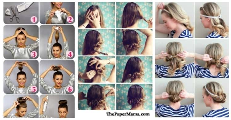 A picture collage of a pictorial guide to different hairstyles- pictorial guide of sock bun hairstyle, pictorial guide of three bun up-do hairstyle and a pictorial guide of tuck and cover hairstyle. 