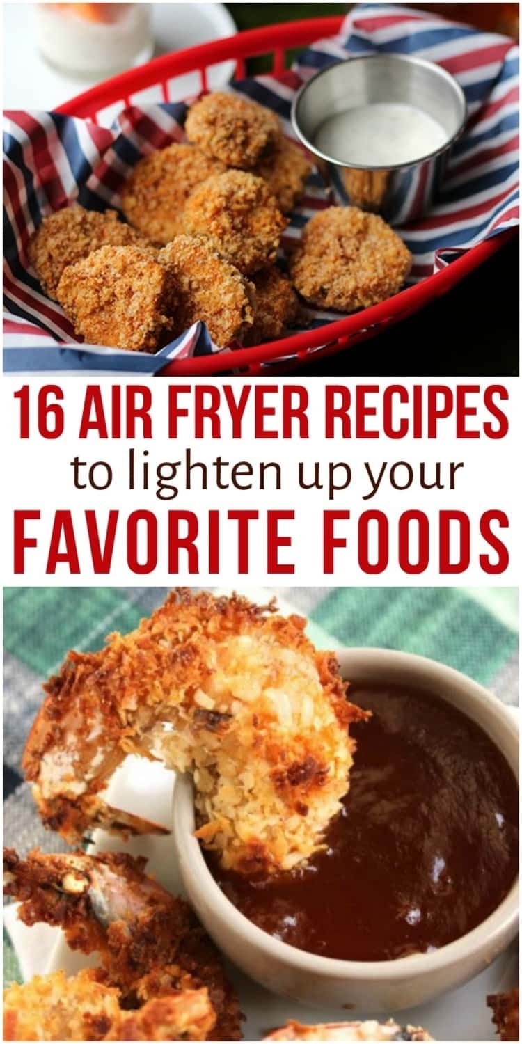 Collage of photos of air fryer recipes- air fryer chicken nuggets in basket with white dipping sauce; air fried shrimp on edge of small bowl.with dipping sauce