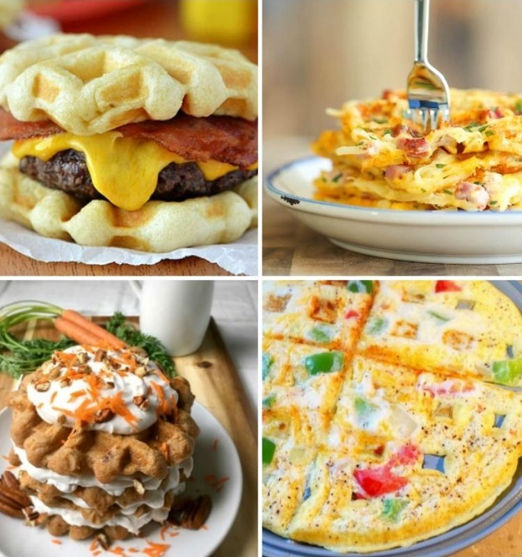 bacon cheeseburger with waffle bun ham egg and cheese wafflewich carrot cake waffle stack and waffle iron omelet