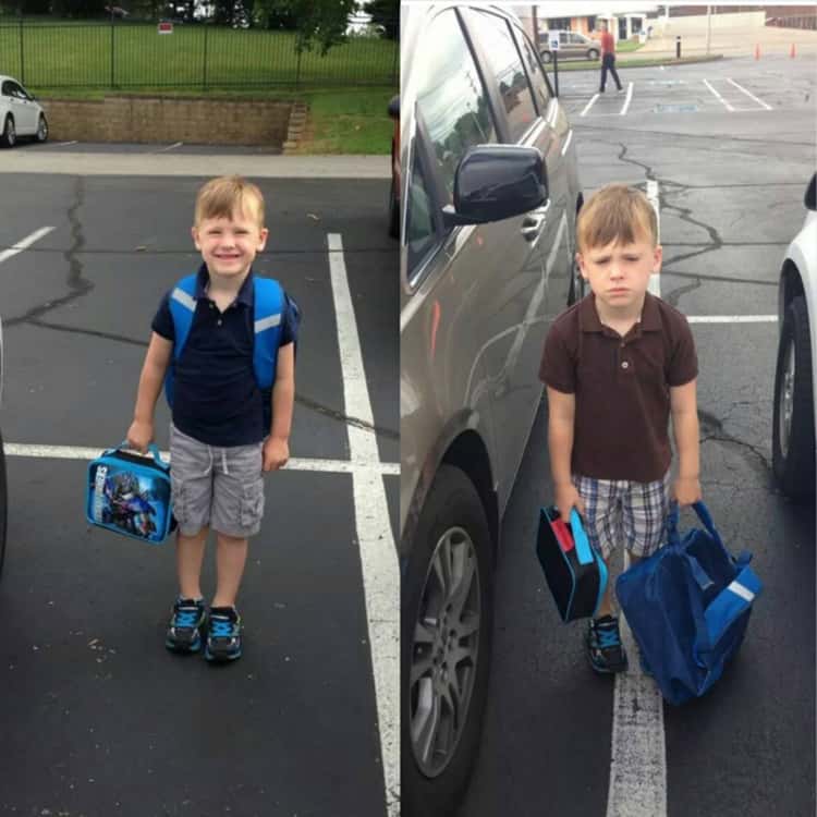photo collage of the first and second day back to school pictures, where the kid doesn't look too happy on the second day of school