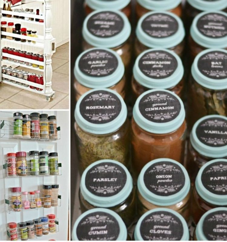 rows of matching spices jars in drawers and racks