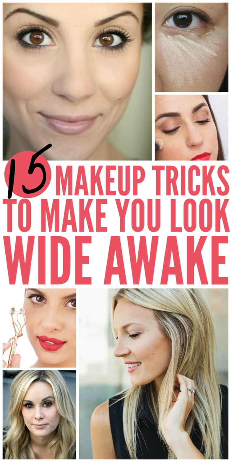 Photo collage of makeup tips for tired eyes so you can be bright eyed anyway.