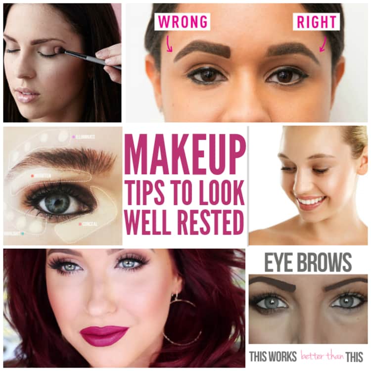 Photo collage of makeup tips to help you look well rested.