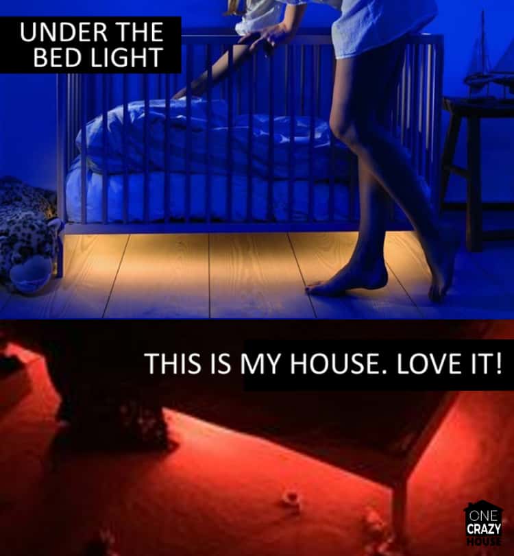mother checking on her sleeping baby in cot which has under-the-bed-lighting