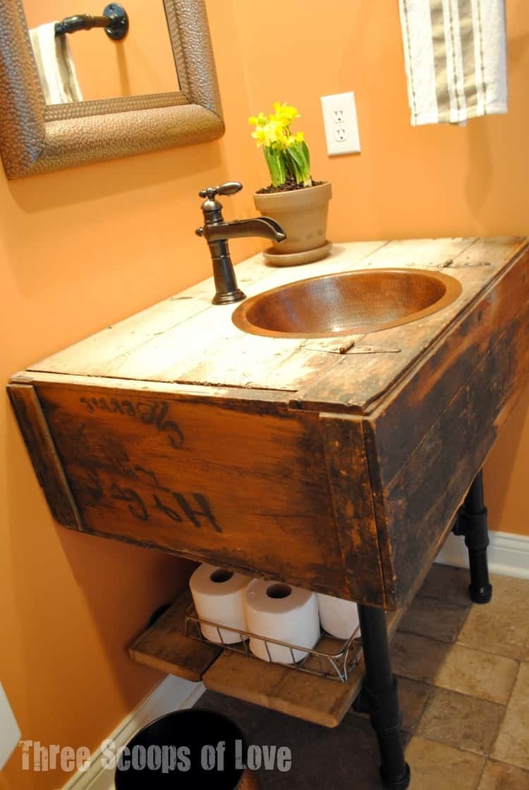 Under sink rustic floating board storage idea