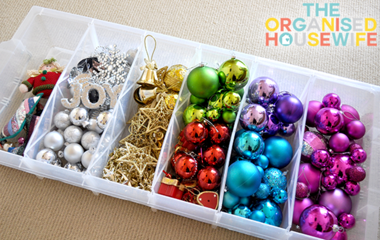 Organize ornaments by color inside shoe boxes