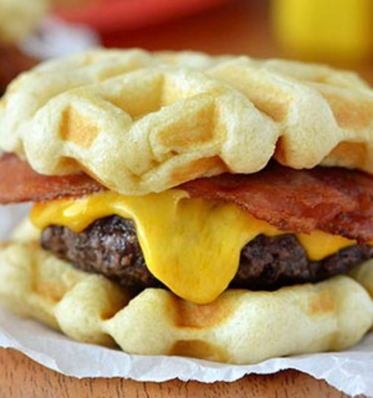 bacon cheeseburger made with a waffle bun