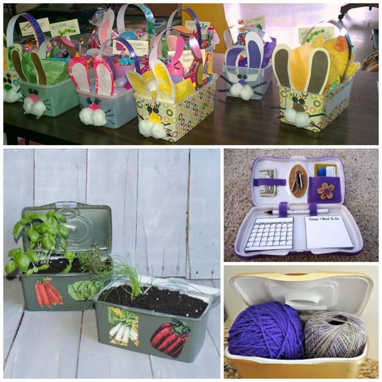 collage image of ways to use baby wipes containers- to make Easter baskets, as a planter for herbs, as a clutch, and as a yarn holder.