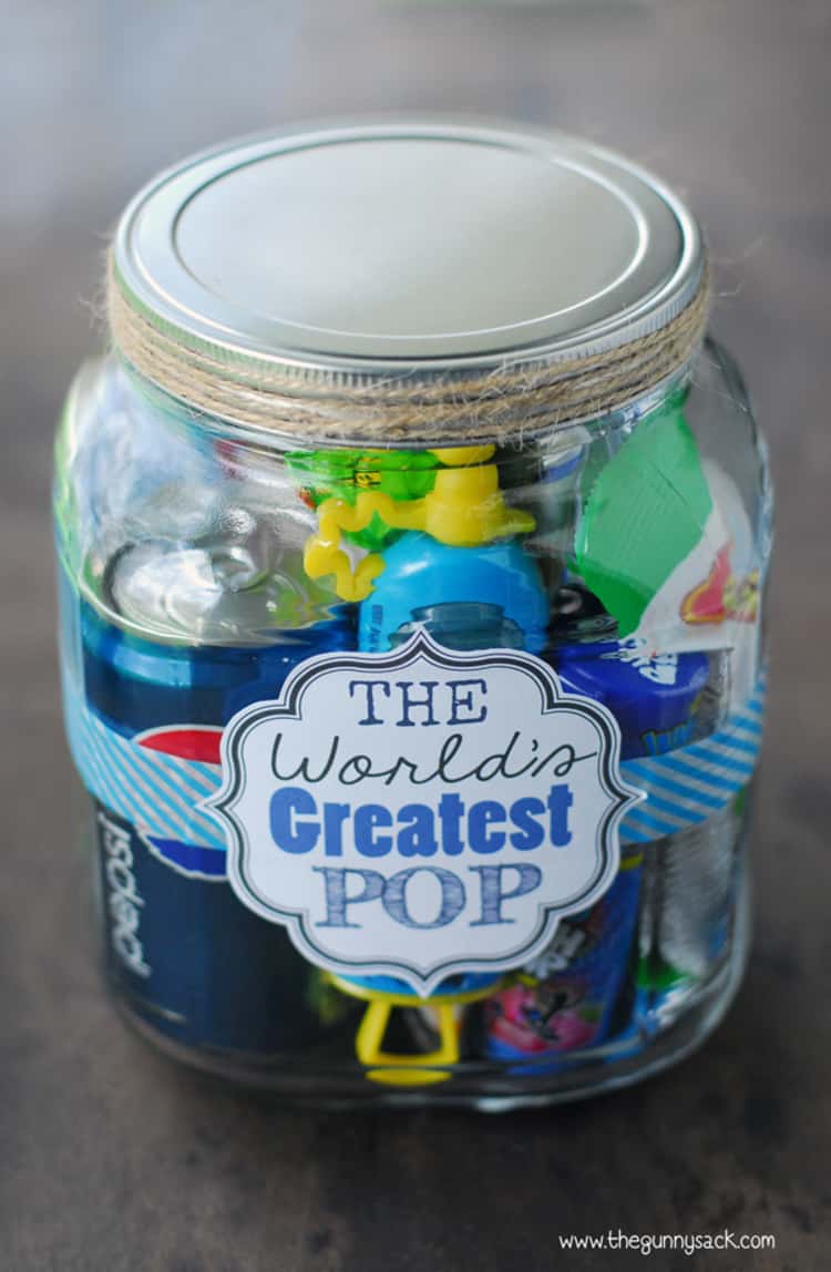 jar filled with assorted pop treats and labeled THE WORLD'S GREATEST POP being a play on words for a present for dad/pop