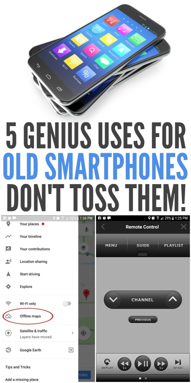 5 genius uses for old smartphones don't toss them - repurpose them! Images of pile of smartphones, gps settings, remote control app