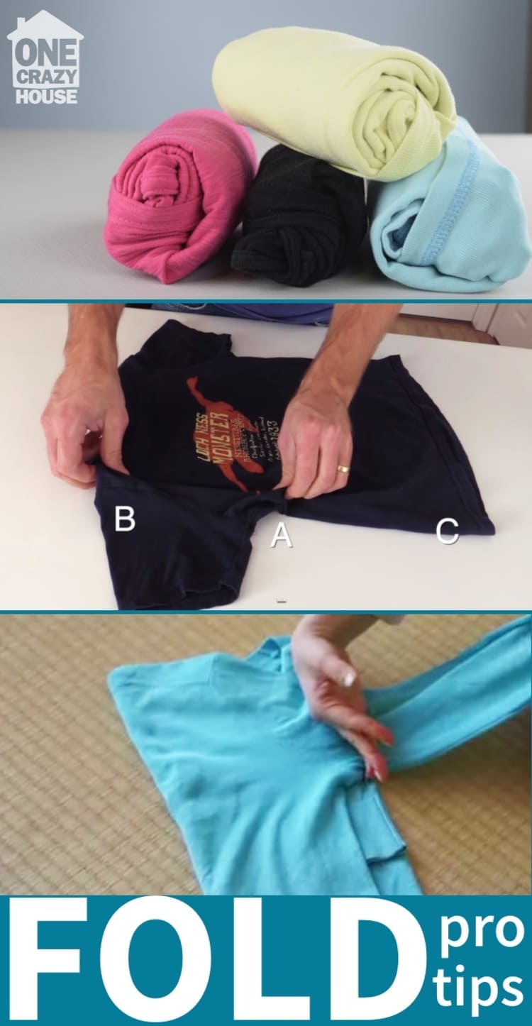 how to fold a shirt like a pro collage with rolled shirts, japanese style of folding of t-shirt, folding a long sleeve shirt