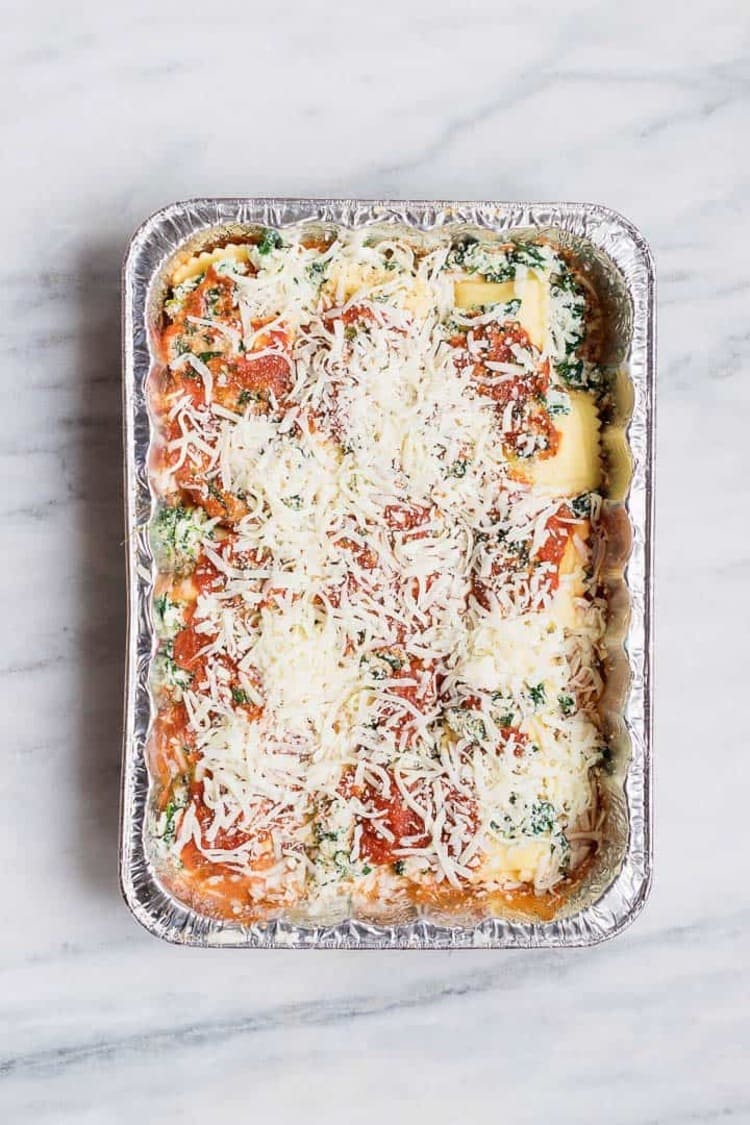 ravioli lasagna bake in aluminum foil pan