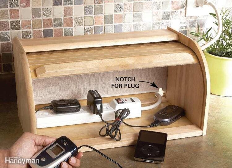 kitchen charging station in a bread box