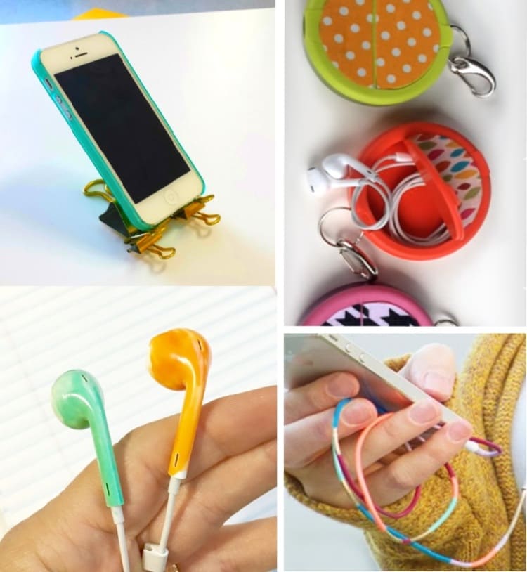 phone hacks feature image collage phone on a diy holder, keep your earphones in a box, paint your eyebuds in different colors