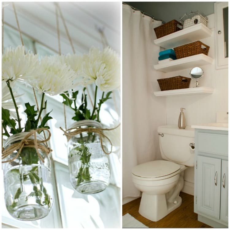 Easy DIY Home Decor Ideas collage white flowers in mason jar window treatments, bathroom organization with boxes