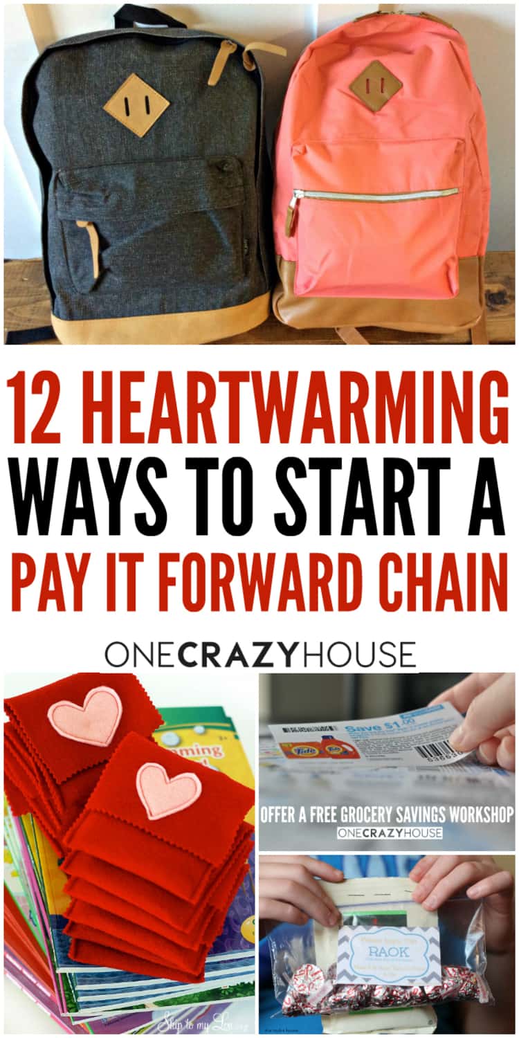 Have you ever searched for ways to start a pay it forward chain? Here are 12 heartwarming and inspirational ideas just for you. 2 pack backs for school supplies, red felt bags with a decorative heart for crayon storage, shopping coupons and a ziplock bag filled with candy and a pay it forward note.