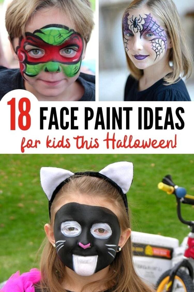 18 face paint ideas for kids this halloween collage teenage mutant turtle, purple and black spider on a girl's face, black cat