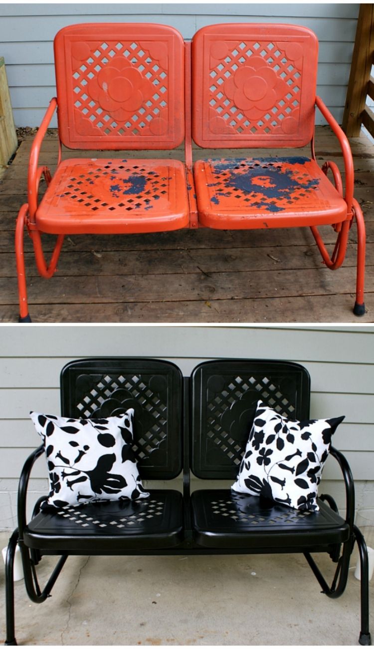 a worn metal outdoor glider rocking chair makeover using black paint