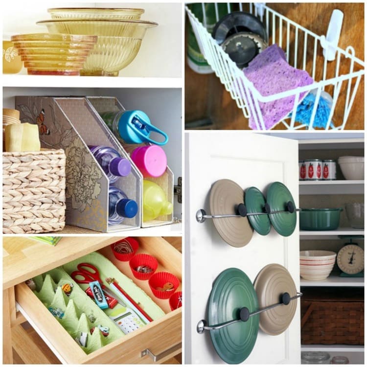 Kitchen Storage Solutions collage with bowls, bottles in magazine holders, egg carton in drawer organizer, wire basket with sponges and drain covers, towel rods and lids