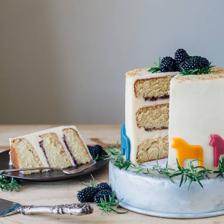 Pony cake shown with one piece cut on plate