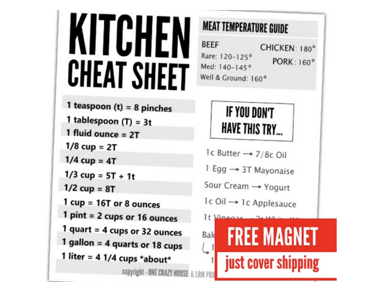 Send away for a helpful kitchen cheat sheet for measurements. Just cover shipping costs