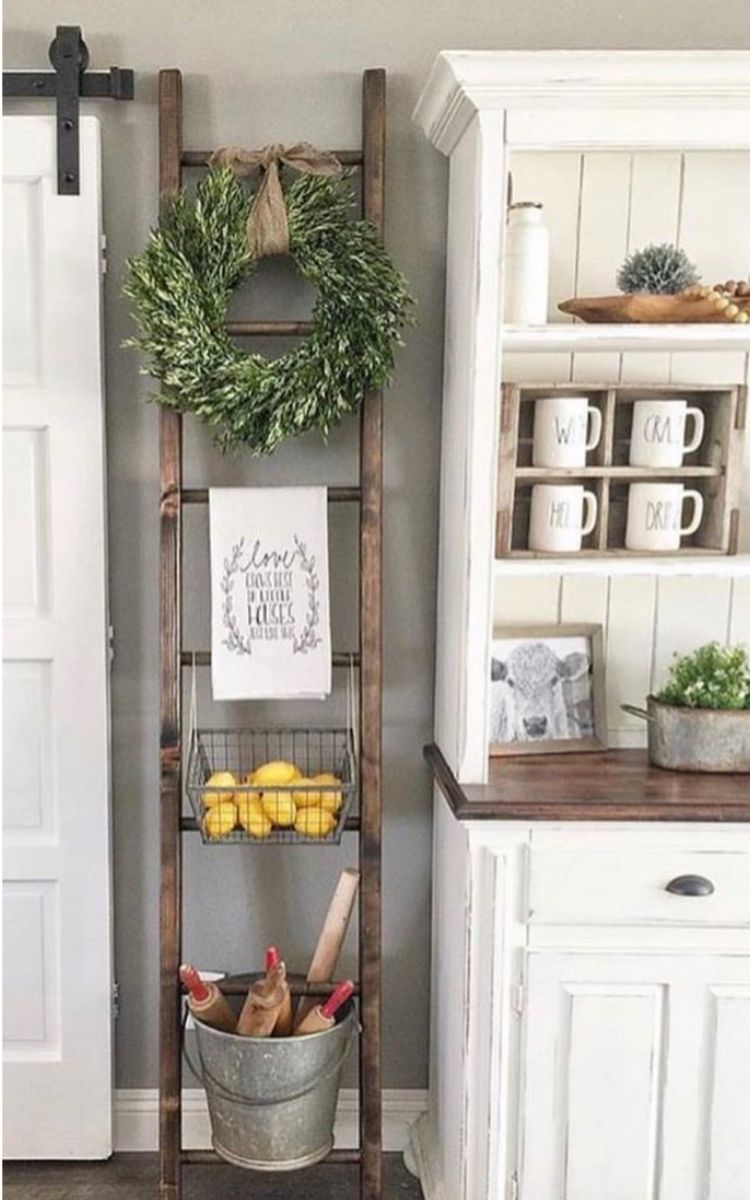 Wooden decorative ladder in DIY farmhouse kitchen