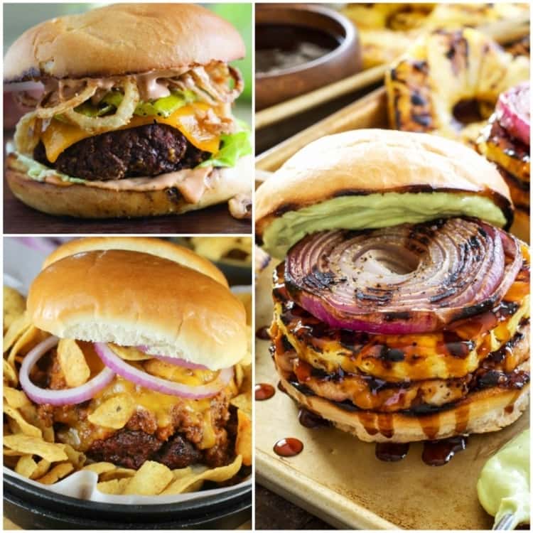 A collage of a teriyaki turkey burger, a cowboy burger and a barbecue Frito chili pie burger