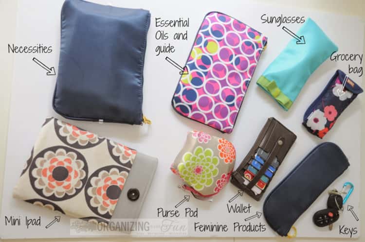 purse organization with cute cases for necessities, essential oils and guide, sunglasses, a grocery bag, for the mini ipad, purse pad, wallet, feminine products, keys