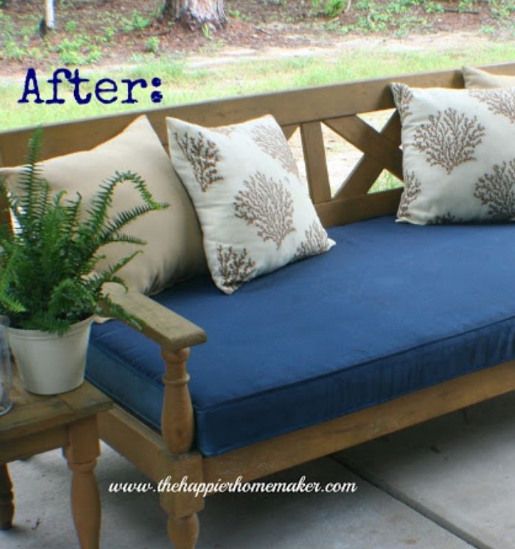 an outdoor sofa makeover with a newly painted fabric cushion