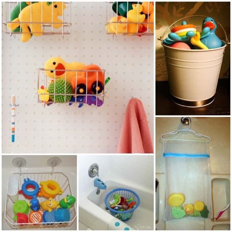 Picture collage of various children's bath toys in a variety of containers from baskets to buckets and mesh bags to show shower cleaning tips to reduce clutter