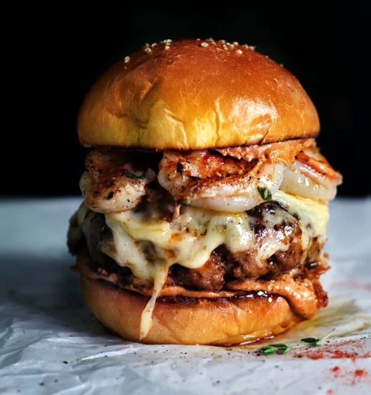 A tasty-looking Mexican chorizo garlic shrimp burger 