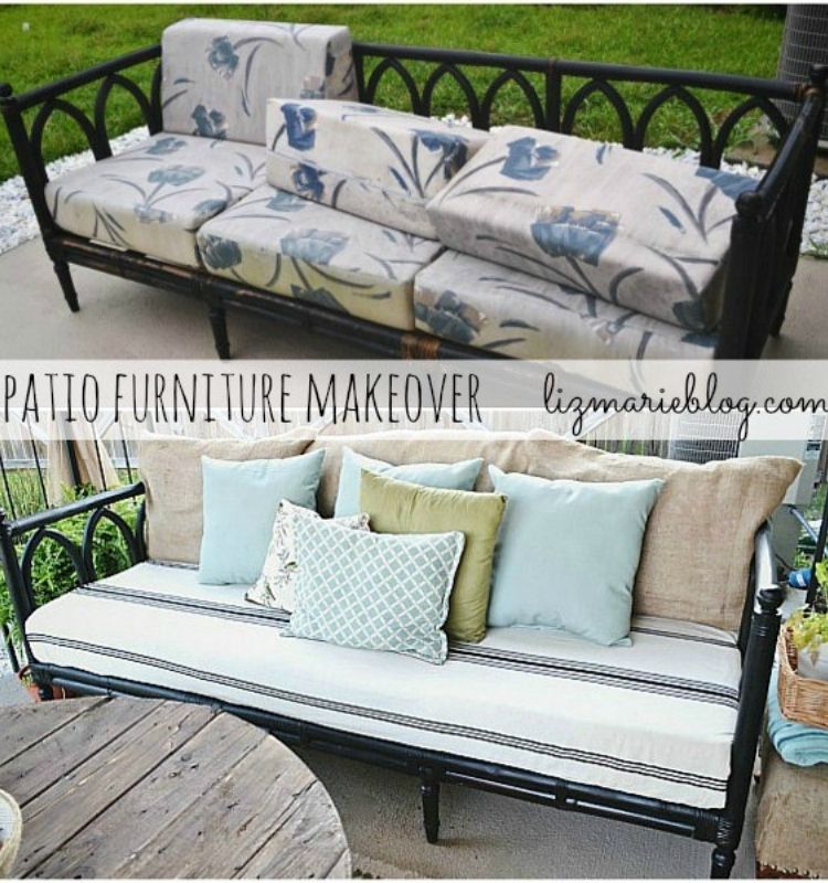 an outdoor furniture makeover with new black paint with fabric and pillows