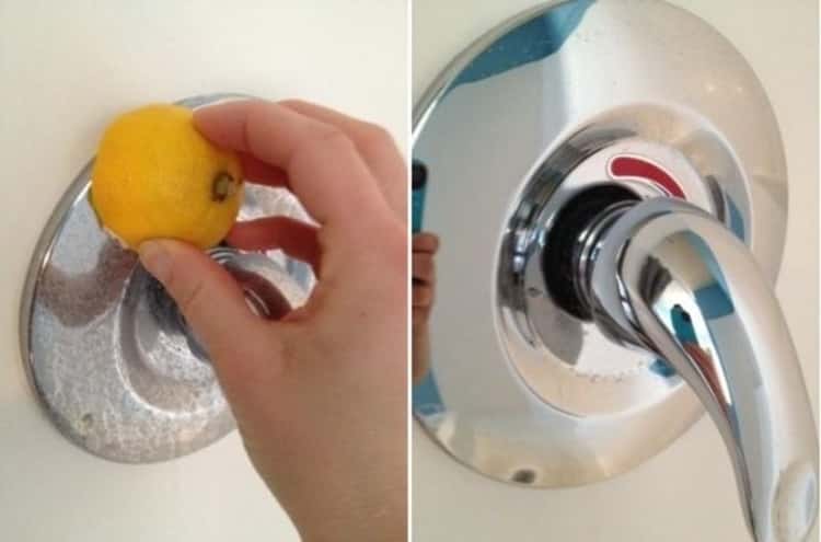 Comparison photo before and after showing how to use a lemon to clean grime off shower handle