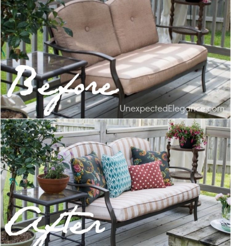 an outdoor furniture sofa makeover done with stripes painted on the cushions